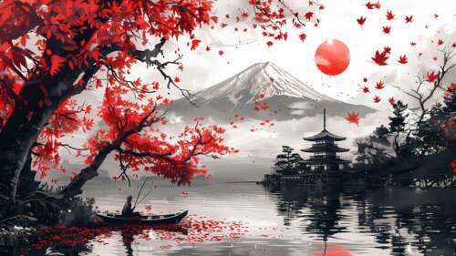 A scenic view of Mount Fuji, a traditional Japanese pagoda, and vibrant red maple...