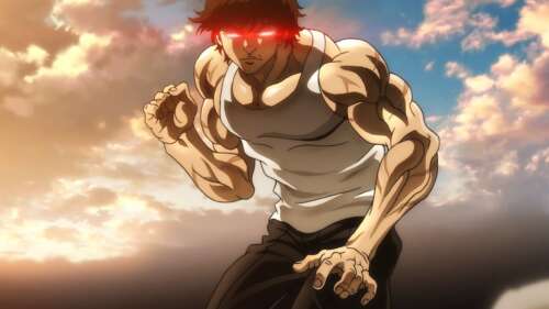 A highly muscular Baki Hanma from the anime Baki the Grappler in an intense martial... free hd wallpapers