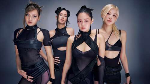 The four members of Blackpink—Jisoo, Lisa, Rosé, and Jennie—posing together in elegant,... wallpaper download