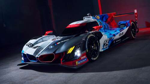 A high-resolution 5K view of a futuristic BMW M Hybrid V8 race car featuring advanced... computer backgrounds