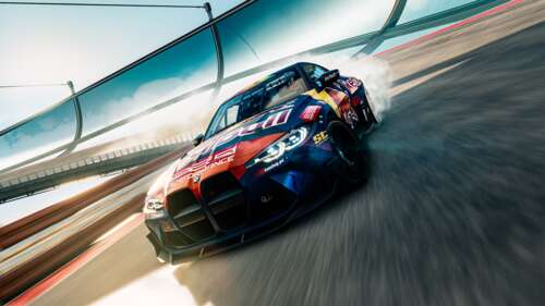 A sleek BMW M4 Competition racing car driving through the tropical landscape of The... free hd wallpapers
