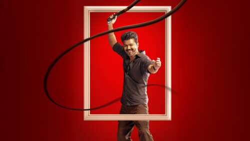 Close-up of an intense Indian male character in a 2026 Kollywood movie poster with...