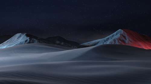 A dramatic night landscape featuring snow-capped mountains, desert sand dunes, and... free hd wallpapers
