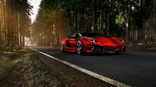 A bright red Lamborghini Aventador LP 700-4 parked on a sunlit tarmac road. hd background