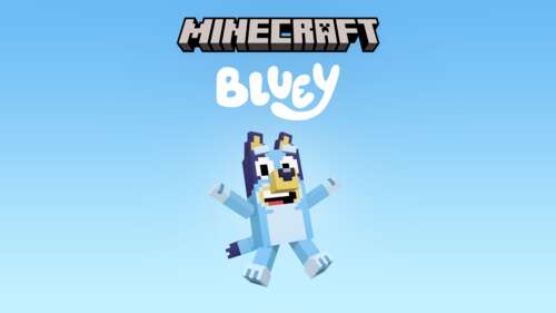 A cute, cartoon-style pixel art character from Minecraft on a bright blue background.