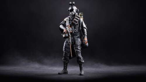 Cinematic close-up of a soldier in dark tactical gear against a black background,... wallpaper