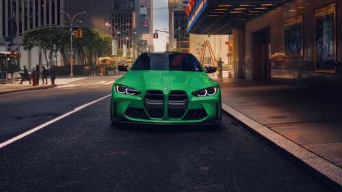 A vibrant green BMW M4 sports car parked on a modern urban city street. wallpaper download