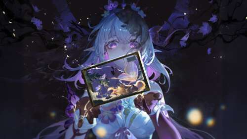 A beautiful anime girl with flowing hair and a purple aesthetic, featuring celestial... wallpaper