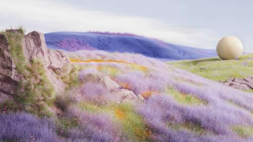 A surreal landscape featuring vast purple lavender fields and a mysterious, smooth... wallpaper