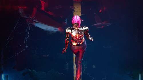 Neon art poster of Female V with pink hair from Cyberpunk 2077: Phantom Liberty. free background