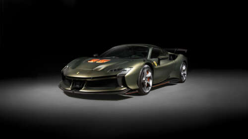 A sleek Ferrari SF90 XX Spider supercar positioned against a dark, atmospheric background,... free background