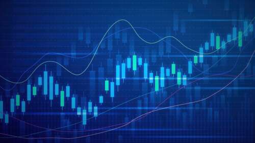 Digital illustration of green and red candlestick patterns on a professional blue... wallpaper