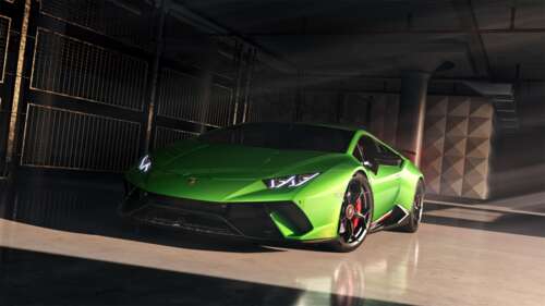 A high-detail, futuristic green Lamborghini Huracan Performante supercar. wallpaper