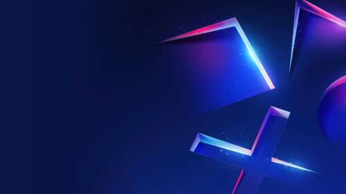 A PlayStation controller surrounded by glowing blue neon lights and futuristic geometric... wallpaper for laptop download