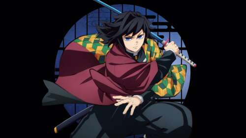Cinematic 5K anime portrait of Giyu Tomioka from Demon Slayer: Kimetsu No Yaiba against... high definition wallpaper