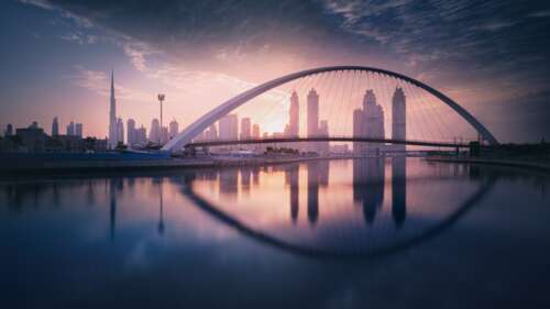 A symmetrical cityscape of Dubai featuring modern skyscrapers and the waterfront... free wallpaper