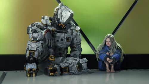 A cinematic screenshot of the characters Hugh and Diana from the game Pragmata. high definition wallpaper