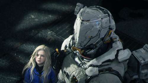 A cinematic depiction of the characters Hugh and Diana from the video game Pragmata. free wallpaper