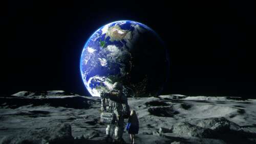 Characters Hugh and Diana from the video game Pragmata overlooking the lunar landscape... wallpaper