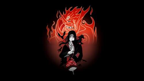 Itachi Uchiha with glowing red Sharingan eye and Susanoo aura from Naruto