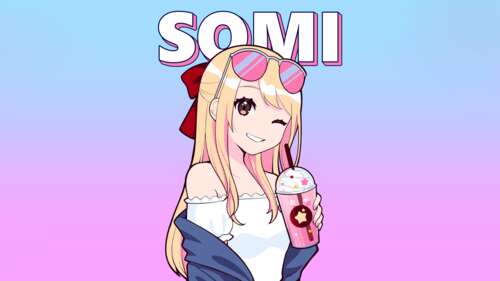 Anime illustration of Jeon Somi winking with sunglasses and holding boba tea against... wallpaper