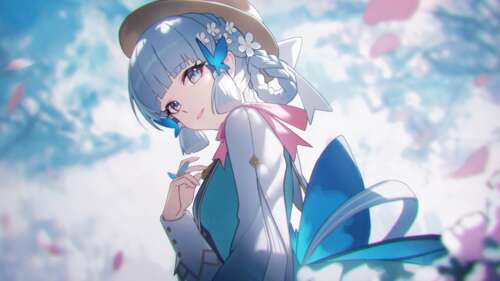 Kamisato Ayaka from Genshin Impact smiling with blue hair and a hat. wallpaper
