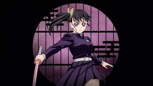 Kanao Tsuyuri from Demon Slayer: Kimetsu No Yaiba standing against a black background...