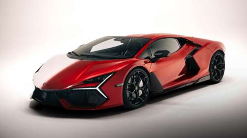 A futuristic 2025 Lamborghini Revuelto supercar rendered in a high-detail, vibrant... wallpaper images
