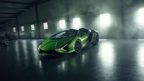 A highly detailed, cinematic view of a Lamborghini Sián Roadster hybrid supercar. free background