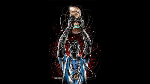 High-resolution artwork of football legend Lionel Messi celebrating the 2022 World... free wallpaper