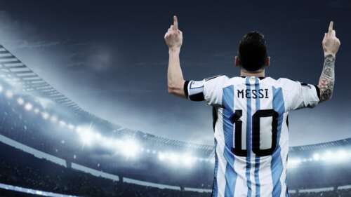 A cinematic, high-definition portrait of Argentine footballer Lionel Messi celebrating... free wallpaper