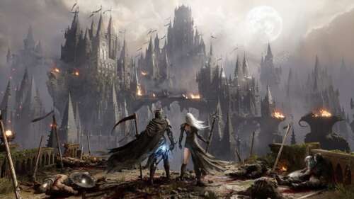 A dark fantasy knight in detailed plate armor overlooking a gloomy, atmospheric landscape... wallpaper