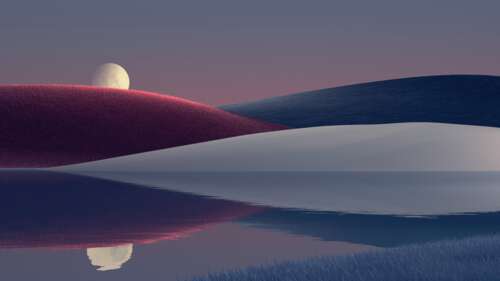 Surreal digital art of a moonrise over rolling hills with a clear reflection in a... free background