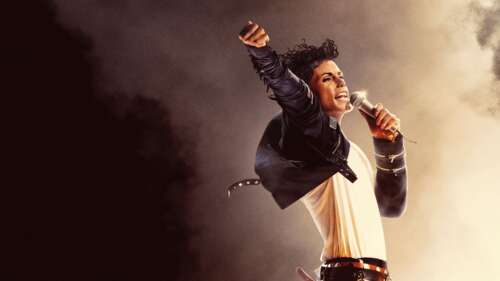 A cinematic movie poster featuring Michael Jackson performing during a grand live... free wallpaper