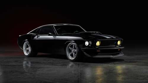 A cinematic, high-detail shot of a black Ford Mustang Mach 1 against a dark, moody... wallpaper