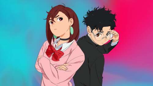Momo Ayase and Ken Takakura (Okarun) from Dandadan against a colorful gradient background wallpaper for pc download