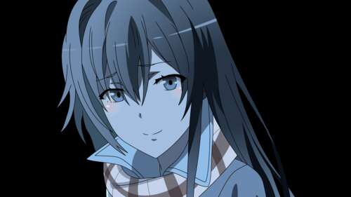 A close-up anime girl portrait with expressive eyes set against a minimalist black...