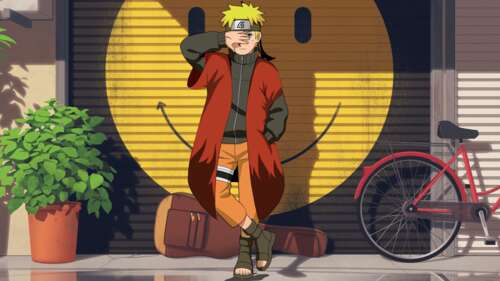 Graffiti art of Naruto Uzumaki from Naruto featuring a smiley face in a vibrant street... free wallpaper