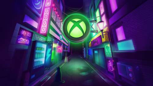 A cat walking through a dark, neon-lit cyberpunk street featuring an Xbox logo.