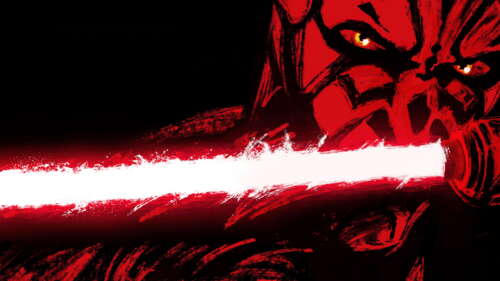 A futuristic animated character holding a glowing lightsaber in a cinematic, dark...