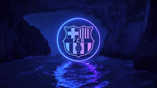 A glowing neon FC Barcelona logo with bright blue and red lights and reflections... free background