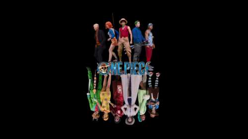 A cinematic group portrait of Monkey D. Luffy, Roronoa Zoro, Nami, Sanji, and Usopp... free wallpaper
