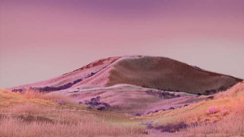 A surreal digital illustration of rolling hills in a soft pink aesthetic under a... wallpaper