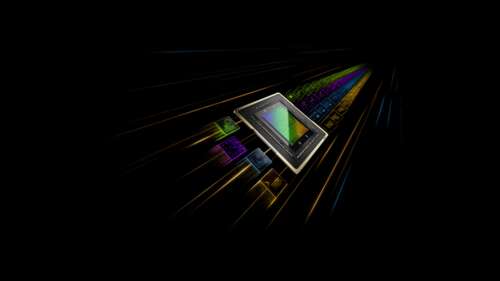 Detailed macro photography of an Nvidia-style GPU processor showing intricate electronic... wallpaper