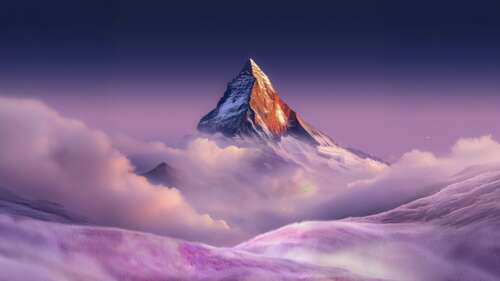 A majestic mountain peak set against a purple sunset sky with dramatic, glowing clouds. free wallpaper