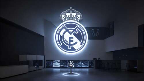 A vibrant, glowing Real Madrid CF football club logo with neon-like light effects. free wallpaper