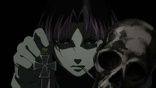 A dark aesthetic portrait of Revy from Black Lagoon featuring a skull against a black... pictures for wallpaper