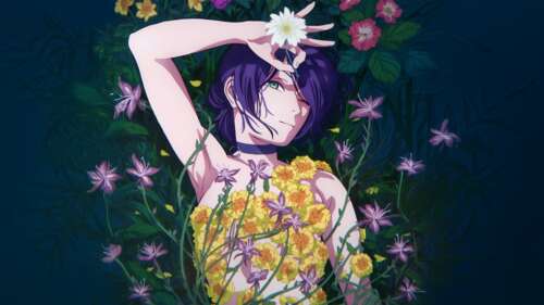 Reze from Chainsaw Man with purple hair and a beautiful floral background wallpaper