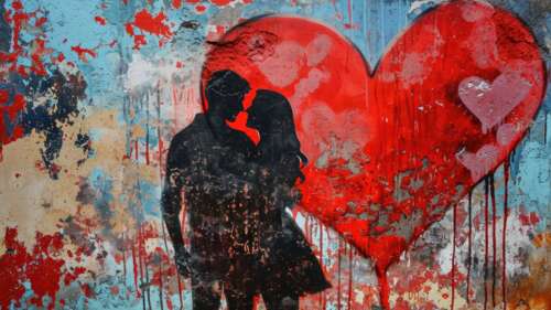 A romantic illustration of a couple surrounded by large red hearts on a wall background. wallpaper