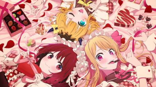 Ruby Hoshino, Mem-Cho, and Kana Arima from Oshi no Ko in their idol outfits free wallpaper
